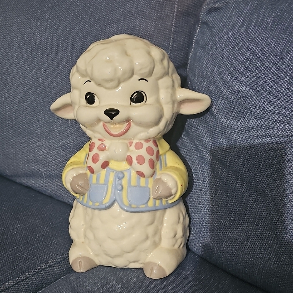 VINTAGE CERAMIC BANK Adorable Lamb Figurine 80s Handmade Boy Girl Home Decor